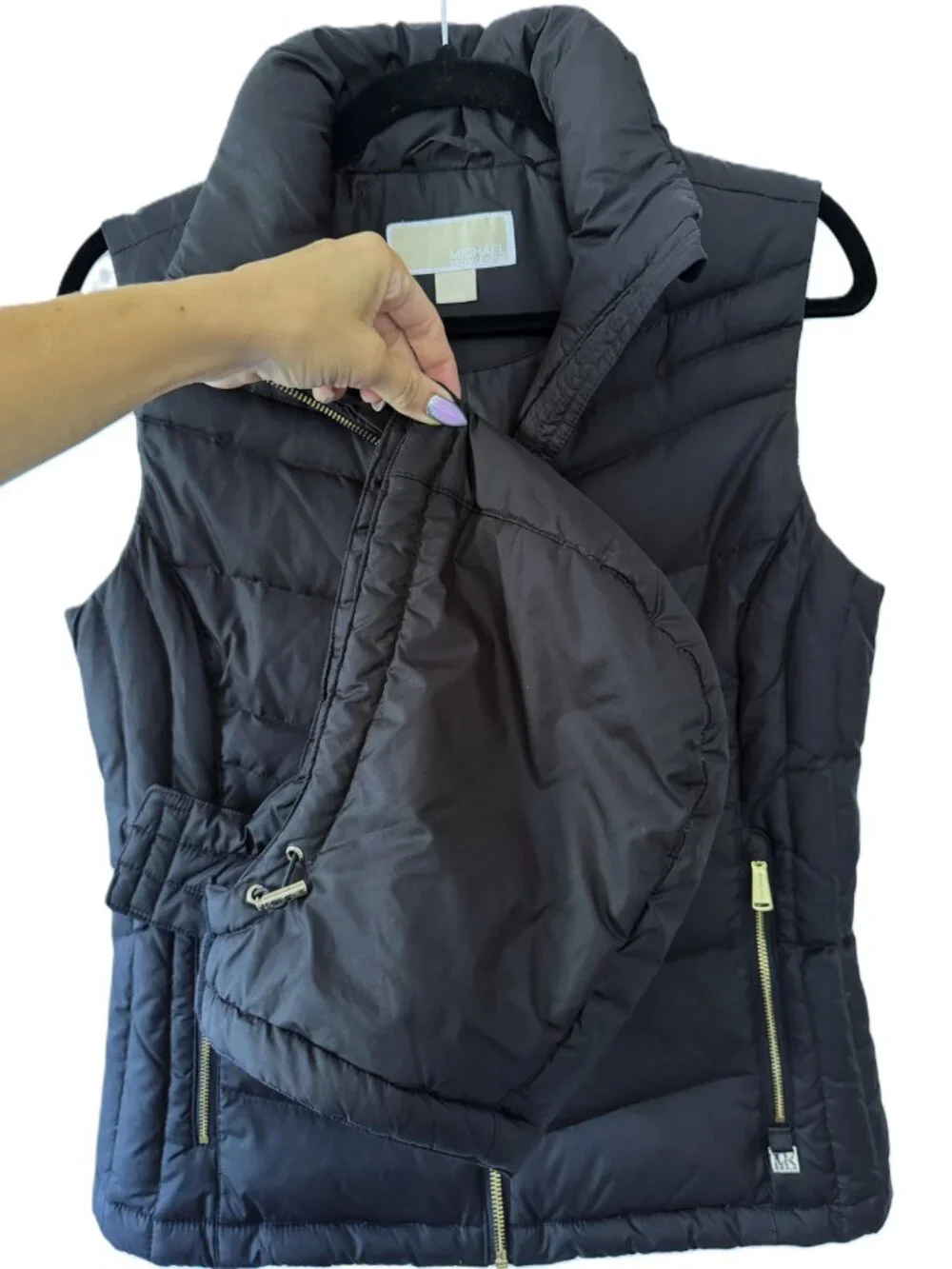 Michael Kors Black Quilted Puffer Vest Removable Hood Gold Hardware | Small